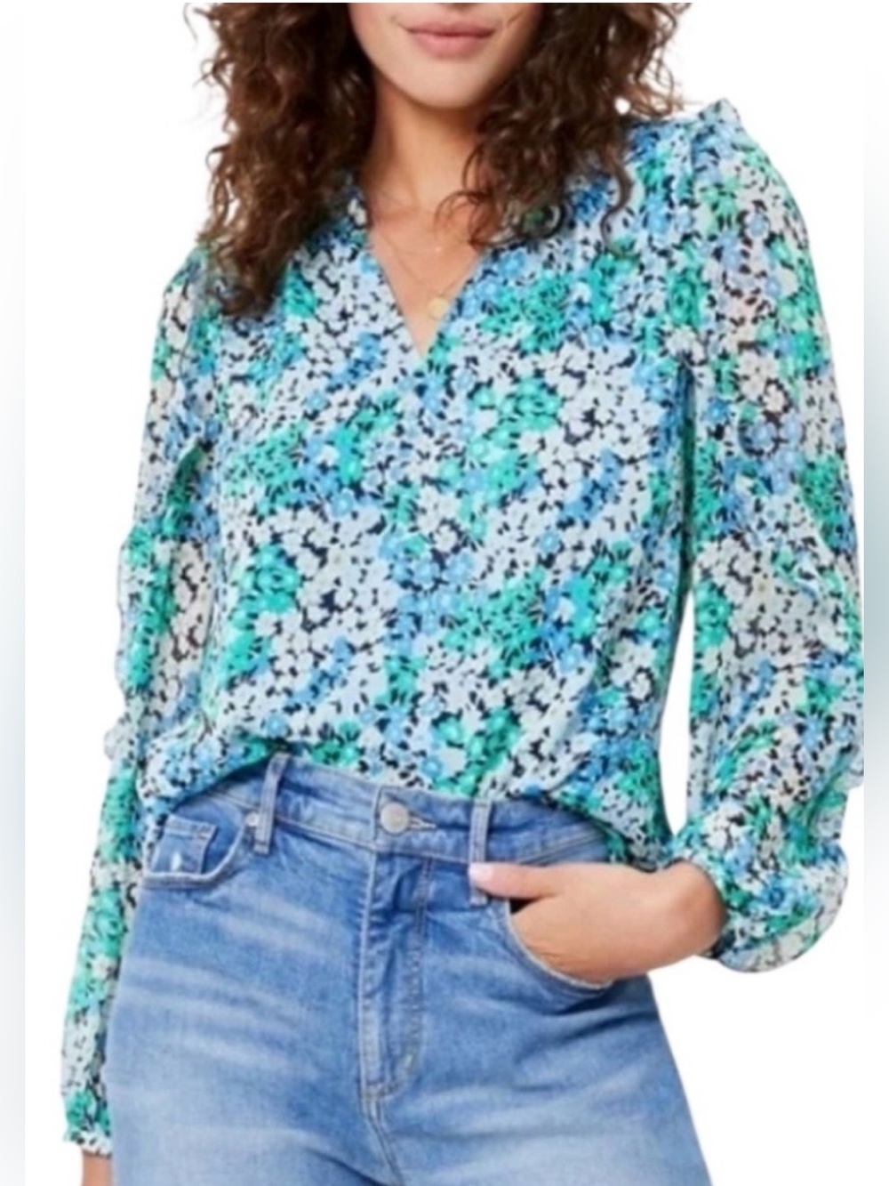 LOFT Blue and Green Floral Split-Neck Blouse Top,Large, Ditsy Floral Lightweight